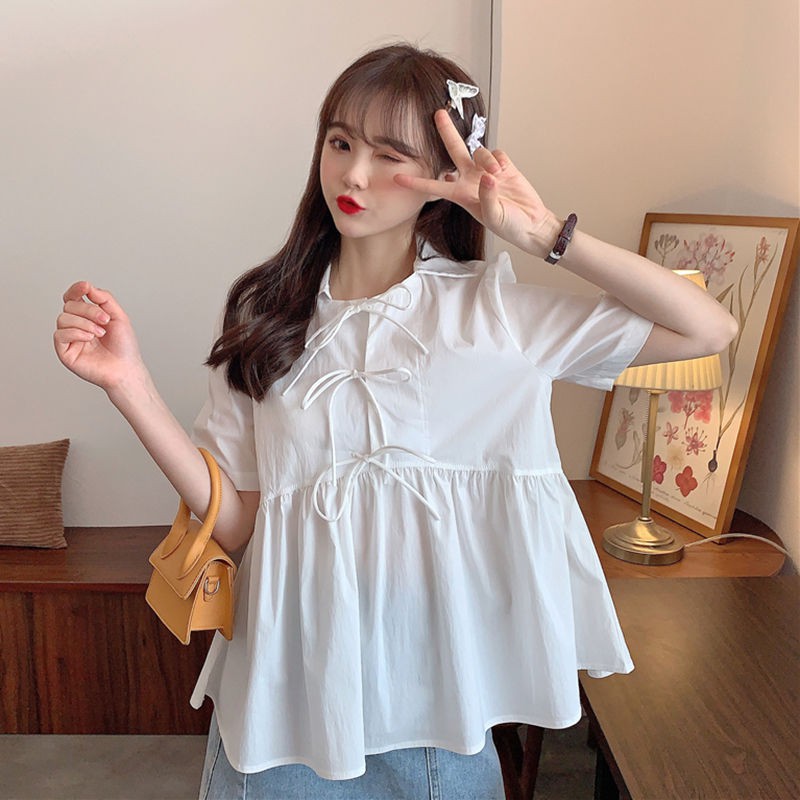 Áo babydol thắt nơ xinh đẹp, áo sơ mi nữ sinh ngắn tay V43 thời trang nữ emmei