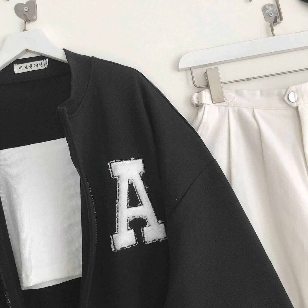 Áo Khoác Bomber Nữ Form Rộng Áo Khoác Nỉ Nữ Tay Bo Thêu Chữ Phần Trước Ngực Màu Đen Basic TAKENN 10237 Gous.go