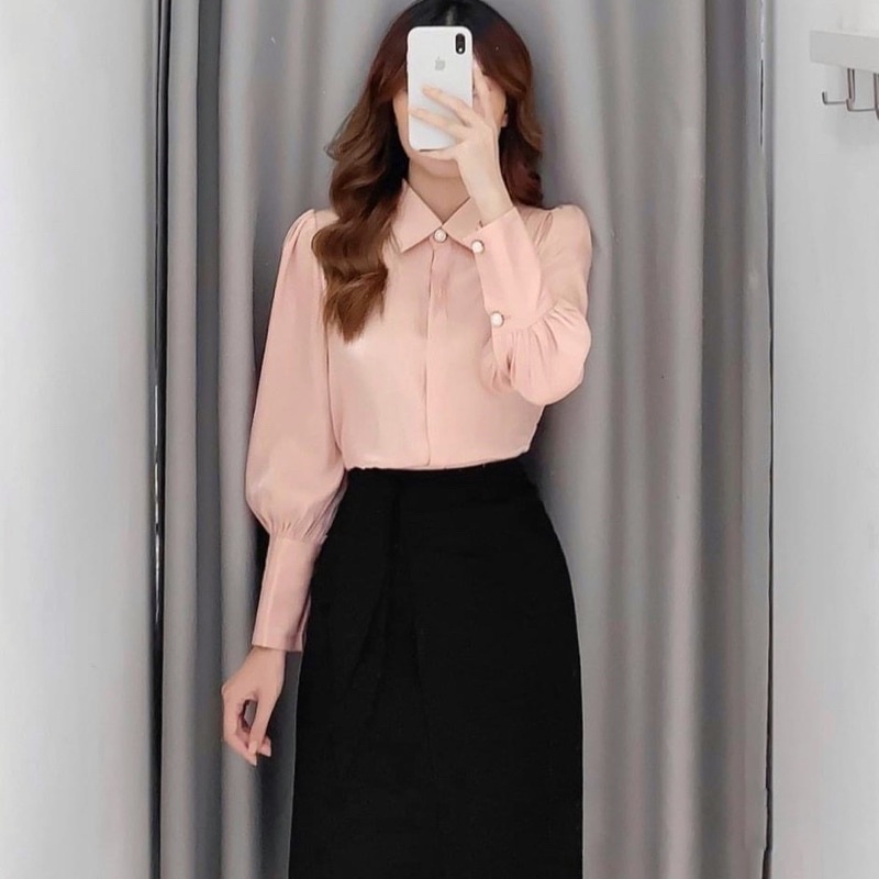 Áo sơ mi lụa dài tay phong cách công sở hàn quốc chất liệu lụa trai mềm mịn không nhăn nhàu cổ ngọc sang chảnh A24