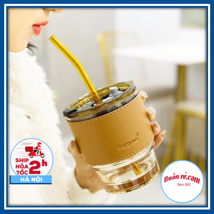 Cốc thủy tinh bọc da Gorgous kèm nắp cao cấp chống bỏng Br 01649