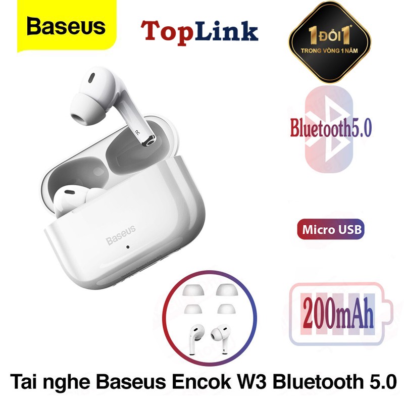 Tai Nghe Không Dây - Tai Nghe Nhét Tai Bluetooth Baseus Encok W3(Bluetooth 5.0, Nghe 4h, Chống Ồn, Chống Nước) - TopLink