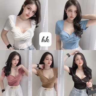 Áo cổ U ta ngắn chéo ngực ôm eo co dãn thoải mái