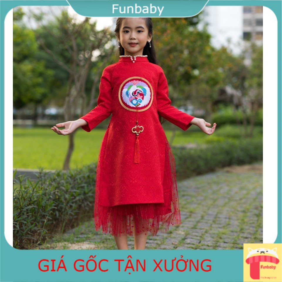 Áo dài tết cho bé gái 2-12 tuổi vải gấm Hàn đỏ thêu đáp chim hạc đào