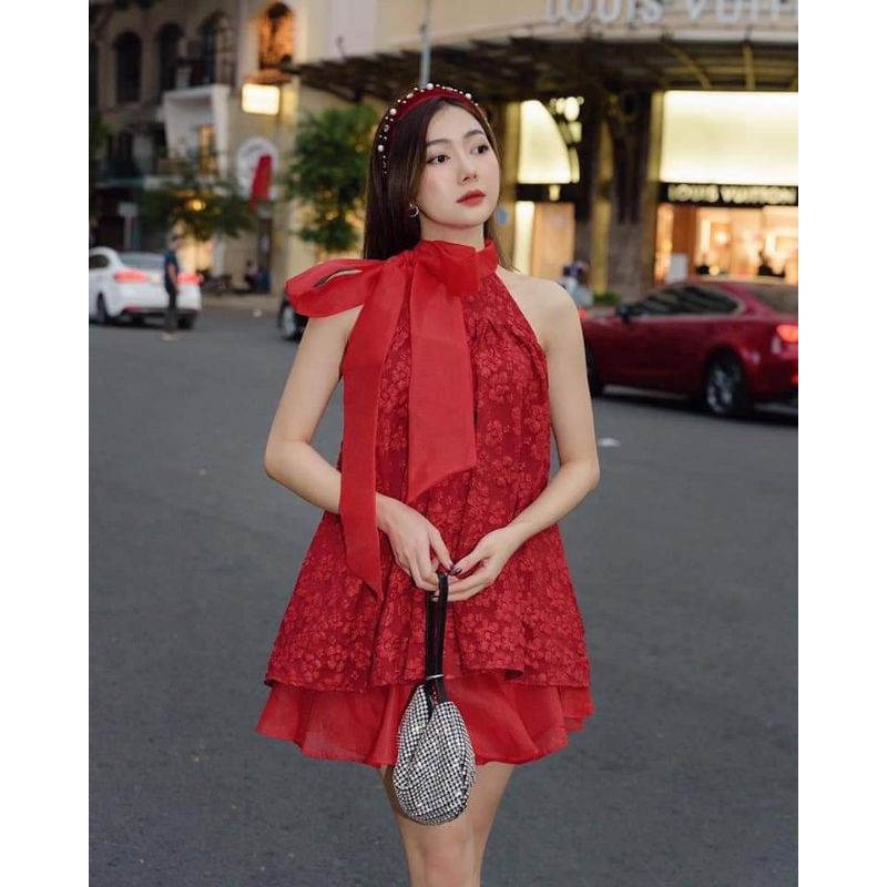 SET áo cổ Yếm gấm đỏ nơ hoa + chân váy
