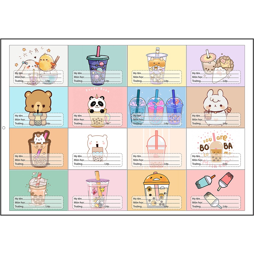 nhãn vở trà sữa boba tea NV31 hoạt hình set 16 chiếc có keo dán sẵn