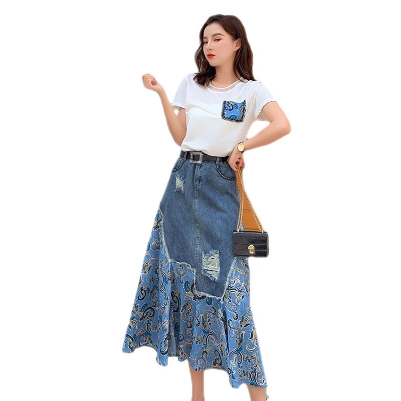 Set Áo Thun Ngắn Tay Đính Hạt + Chân Váy Denim Thời Trang Nữ