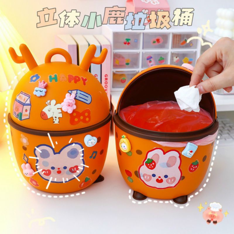 Thùng Rác Mini Để Bàn Có Nắp Hình Chú Hươu Dễ Thương Ph.ng