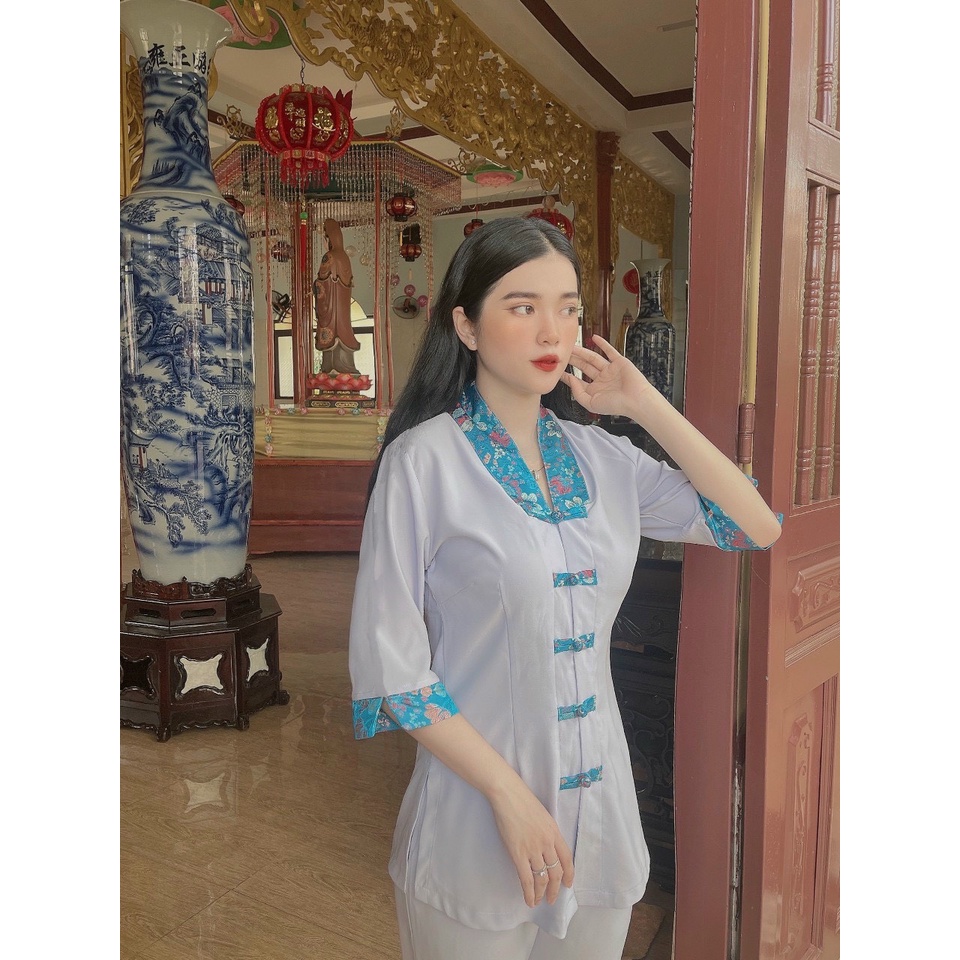 ĐỒ LAM ĐI CHÙA cao cấp #mẫu la hán nữ cách tân vải đũi Hàn dày dặn phối gấm # set phật tử quần áo đi chùa B36