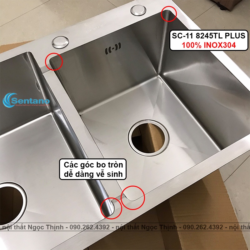 Chậu rửa chén đúc liền khối Sentano Plus SC-11 8245TL 2 ngăn lệch 100% inox 304 không gỉ