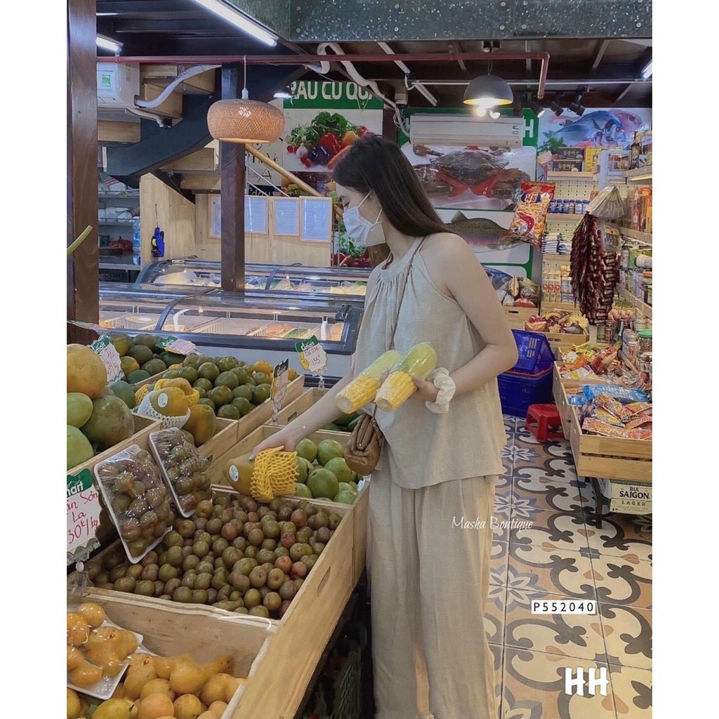 (Đũi Loại 1) Set Đồ Nữ Đẹp, Bộ Đũi Với Áo Cổ Yếm Kèm Quần, 2 Màu, S1003 | BigBuy360 - bigbuy360.vn