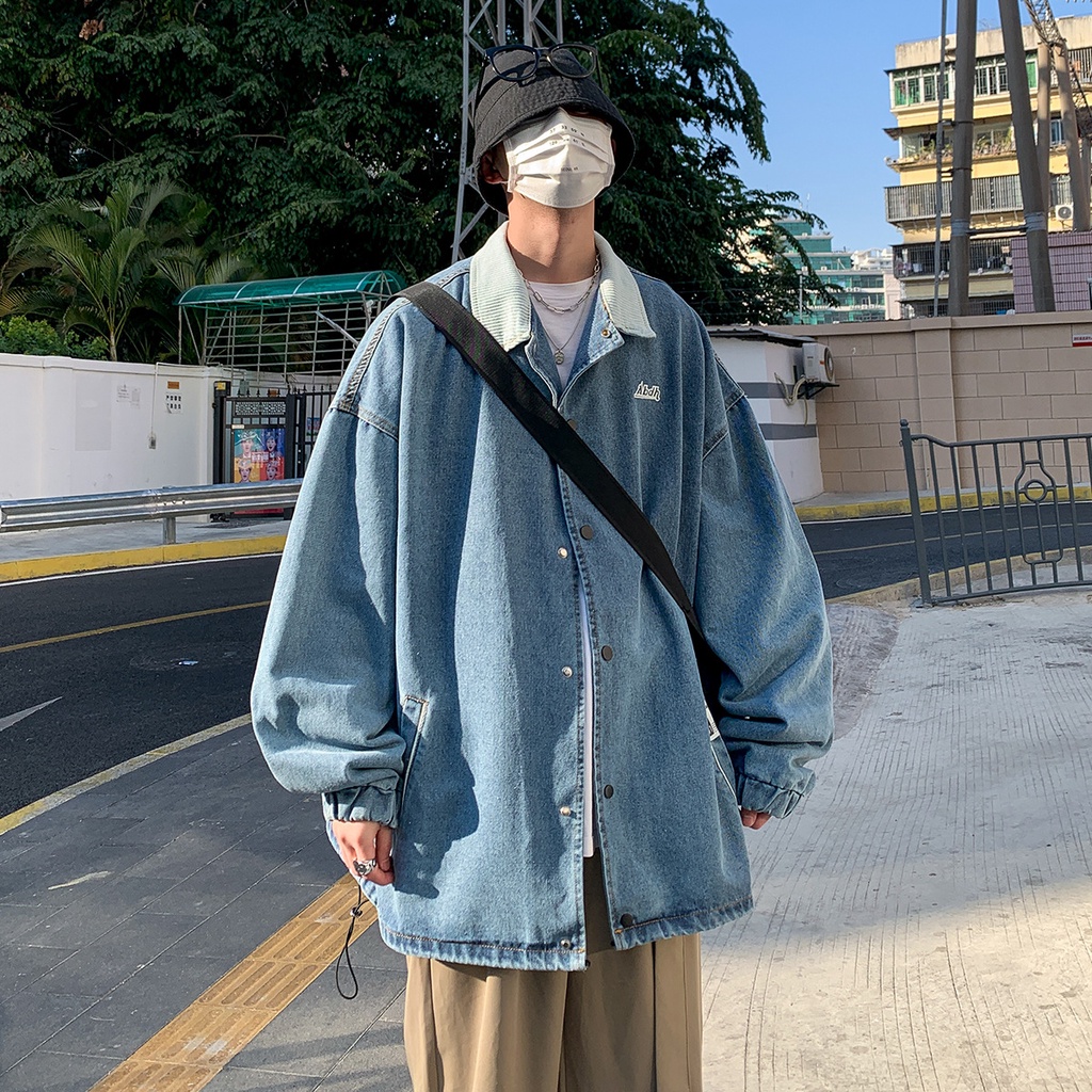 Áo Khoác Denim Thêu Chữ Phong Cách Harajuku Hàn Quốc Dễ Phối Đồ Thời Trang Cho Nam TF1
