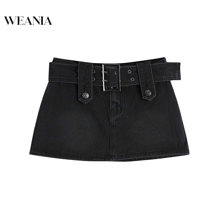 Chân Váy Denim Lưng Thấp Màu Trơn Phối Thắt Lưng Kiểu Hàn Quốc Cá Tính