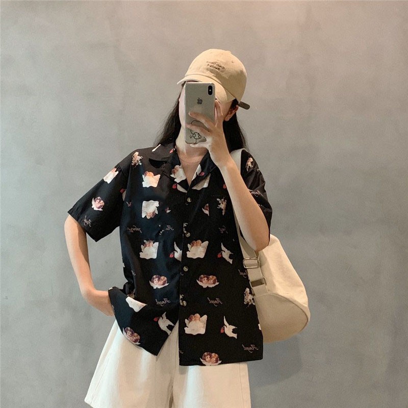 LEEVA - Áo sơ mi họa tiết Angel mùa hè thoáng mát: Angel đen