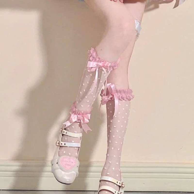 Tất Lưới Mỏng Phối Nơ Họa Tiết Chấm Bi Phong Cách Lolita Nhật Bản