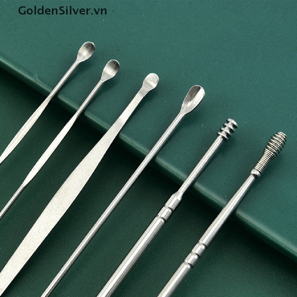 Set 6 Dụng Cụ Lấy Ráy Tai Bằng Thép Không Gỉ Màu Vàng Đồng