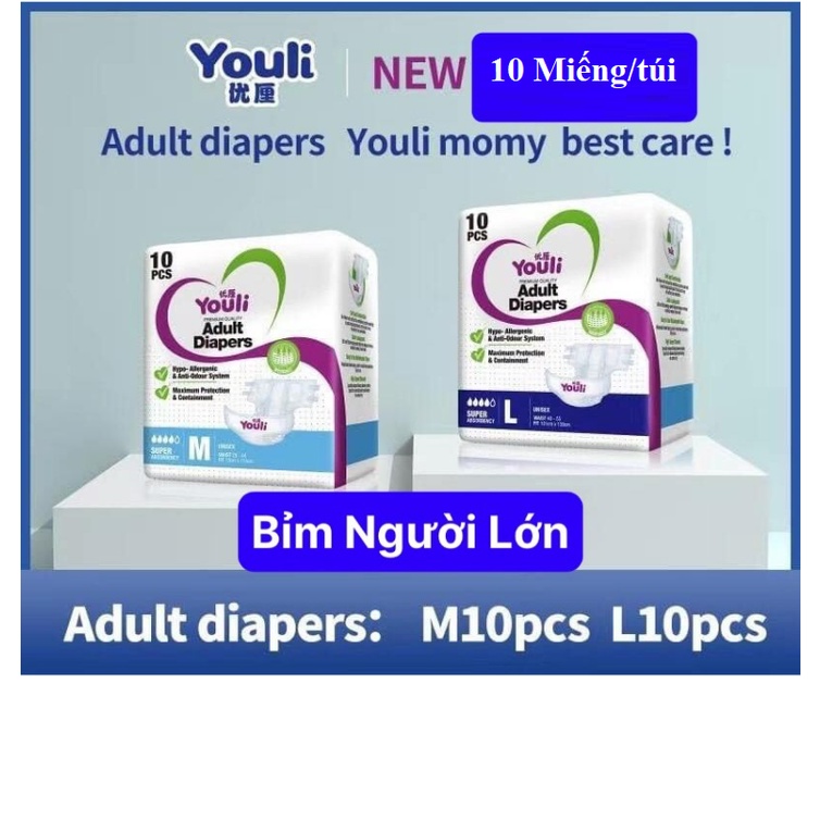 Tã Bỉm Người Lớn Youli dán size M10 L10 cao cấp  10 miếng túi