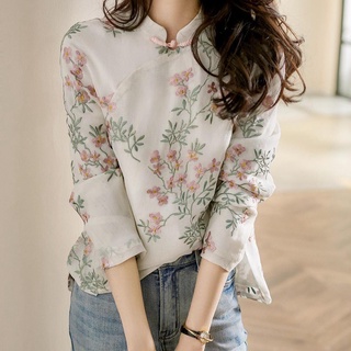 Áo Kiểu Sườn Xám Cách Tân Cổ Đứng Cài Nút Phong Cách Trung Hoa Thời Trang Xuân Thu Cho Nữ
