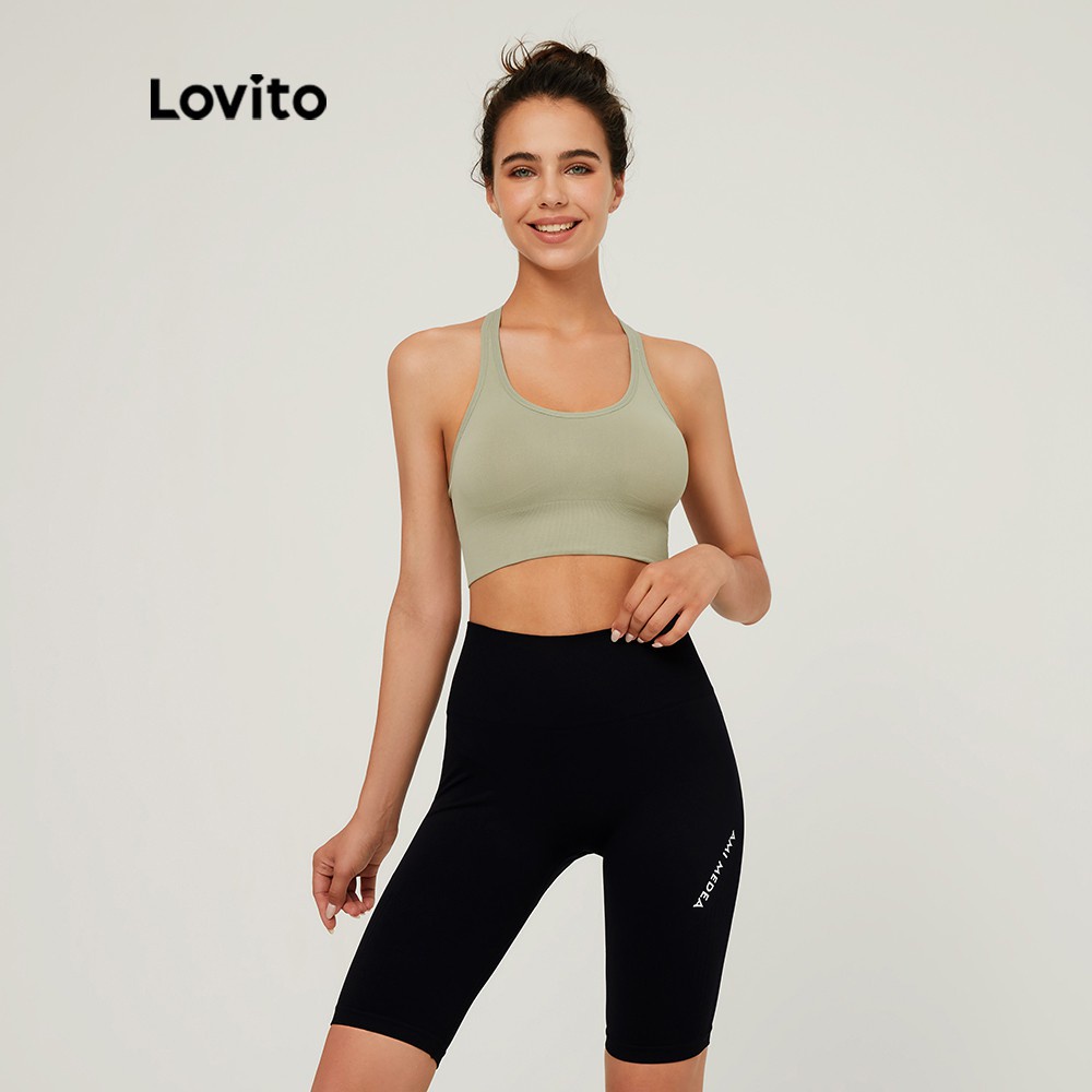  Quần ngắn Lovito phong cách thể thao lưng cao ôm dáng in họa tiết chữ cái L03074 (màu đen) | BigBuy360 - bigbuy360.vn
