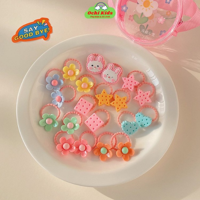 Set 20 dây chun buộc tóc hoa quả, cột tóc bé gái co dãn nhiều họa tiết, dây buộc tóc cho bé