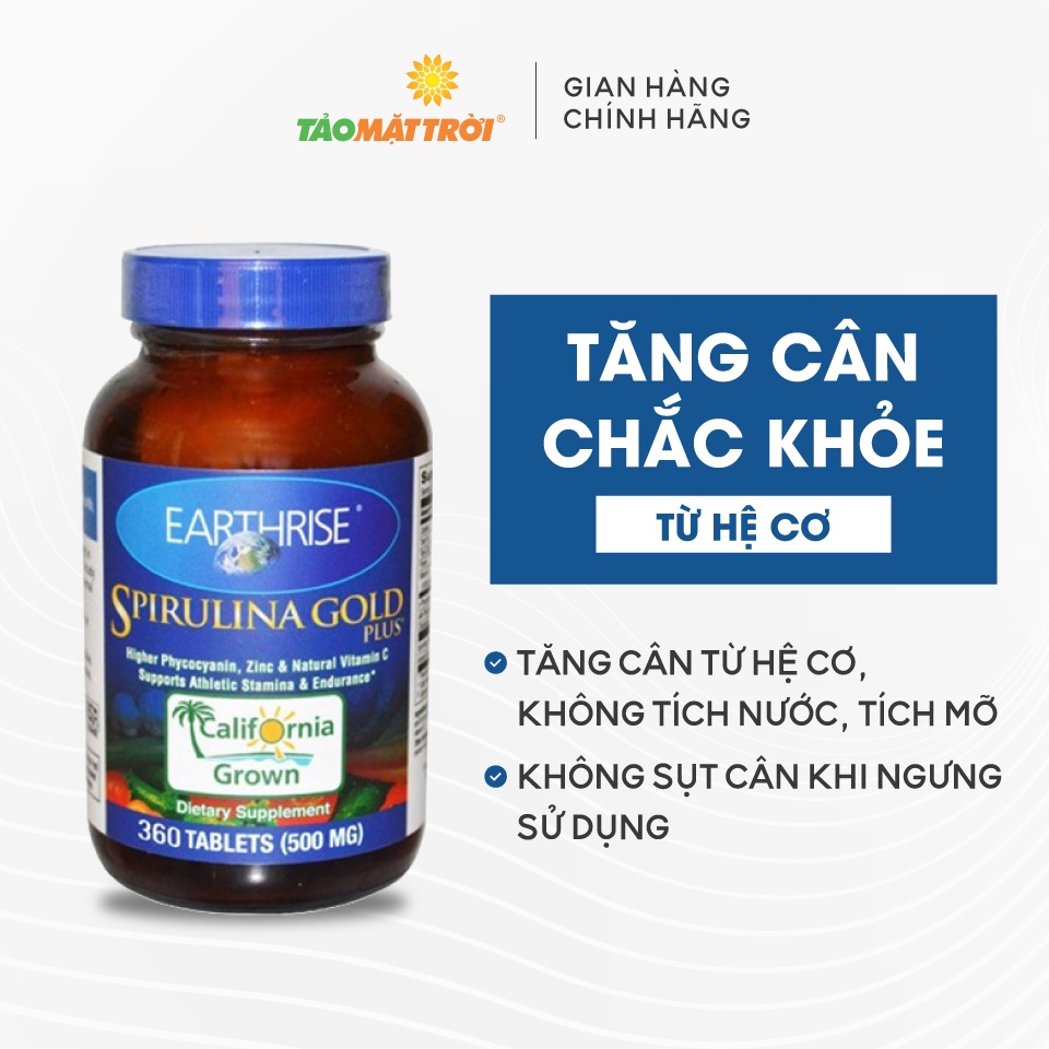 Tảo Mặt Trời Spirulina Mỹ - Tăng cân an toàn, 100% tự nhiên, nhập khẩu nguyên hộp - Lọ Gold Plus 360 viên