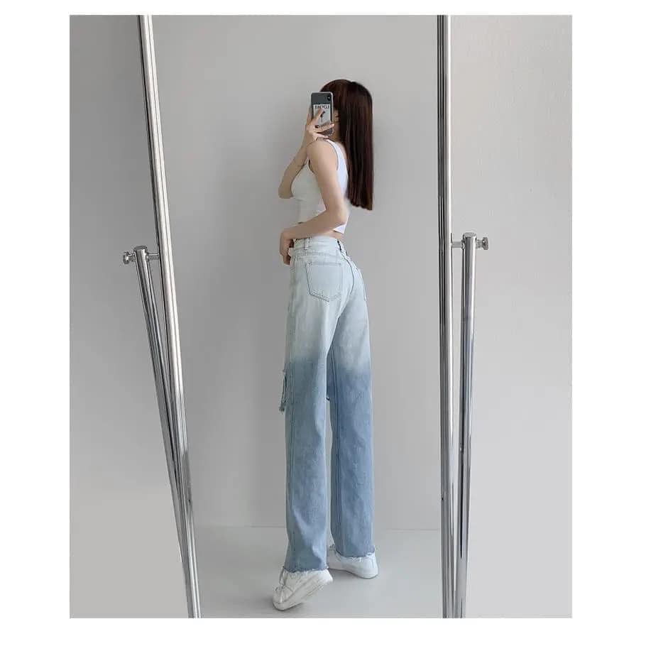 Quần jeans rách, quần Ombre ống suông rách pha màu