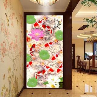 Tranh dán tường cửu ngư hoa sen khổ lớn