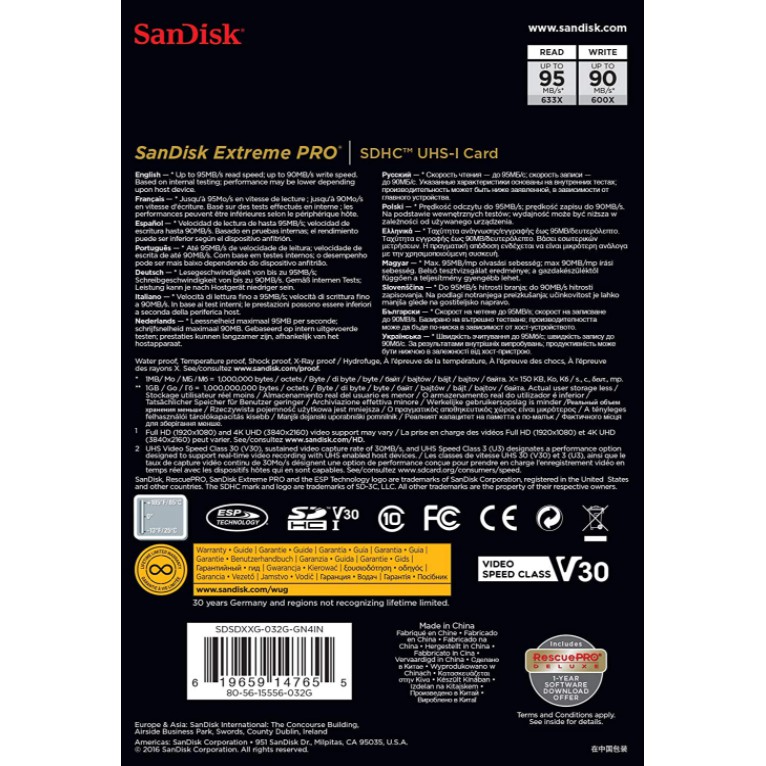 Thẻ Nhớ Máy Ảnh Sandisk Sdhc Sandisk Extreme Pro 32gb 64gb 128gb 95mb / S U3 | BigBuy360 - bigbuy360.vn