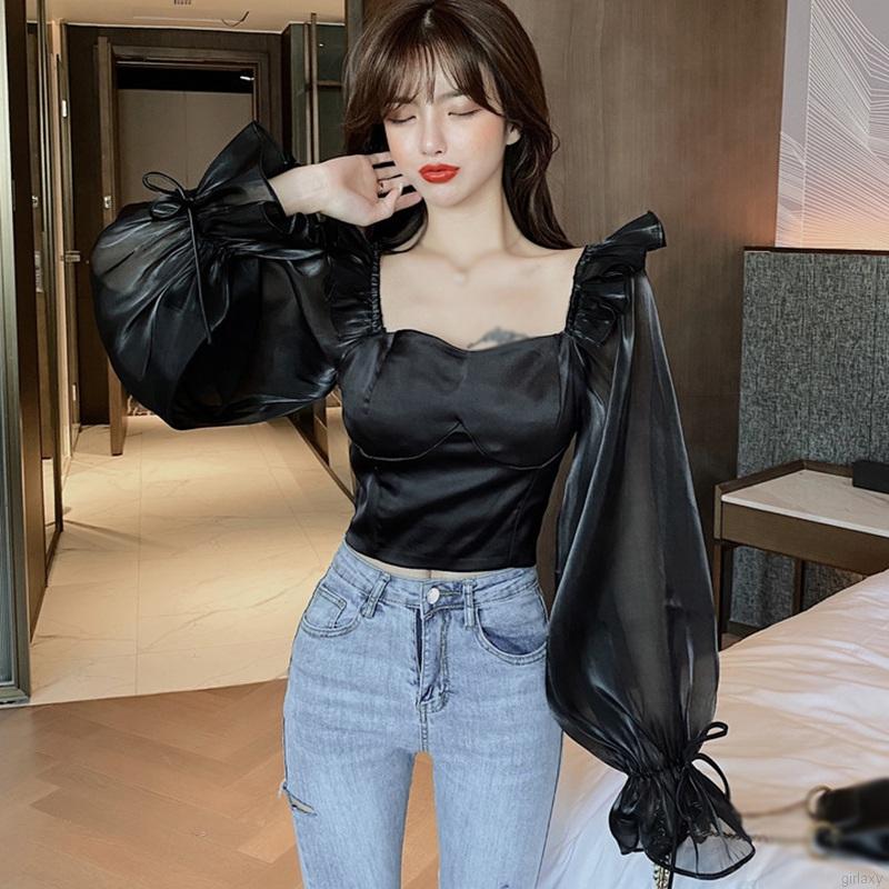 Áo Croptop Tay Dài Cổ Vuông Màu Trơn Thời Trang Nữ Gợi Cảm
