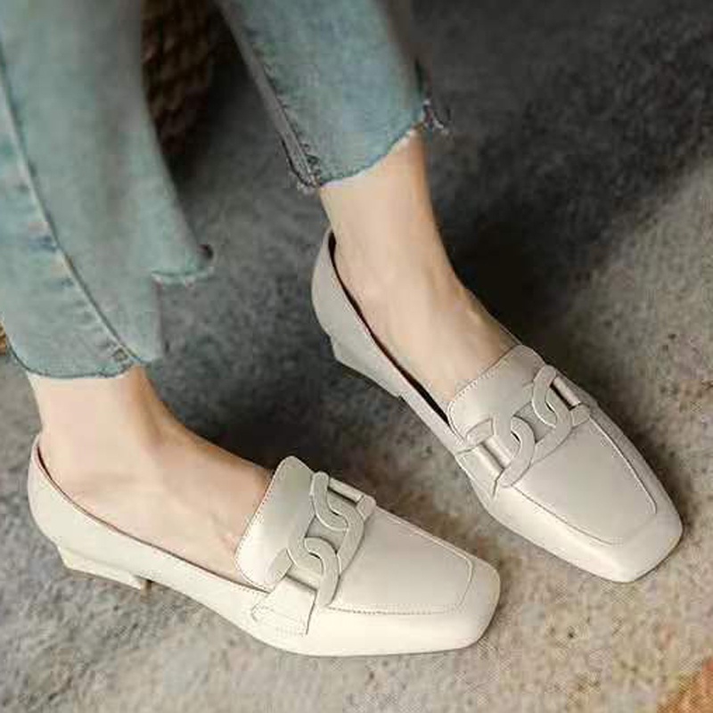 Giày Lười Da Mũi Vuông Đính Khóa Kim Loại Phong Cách Anh Quốc Cho Nữ