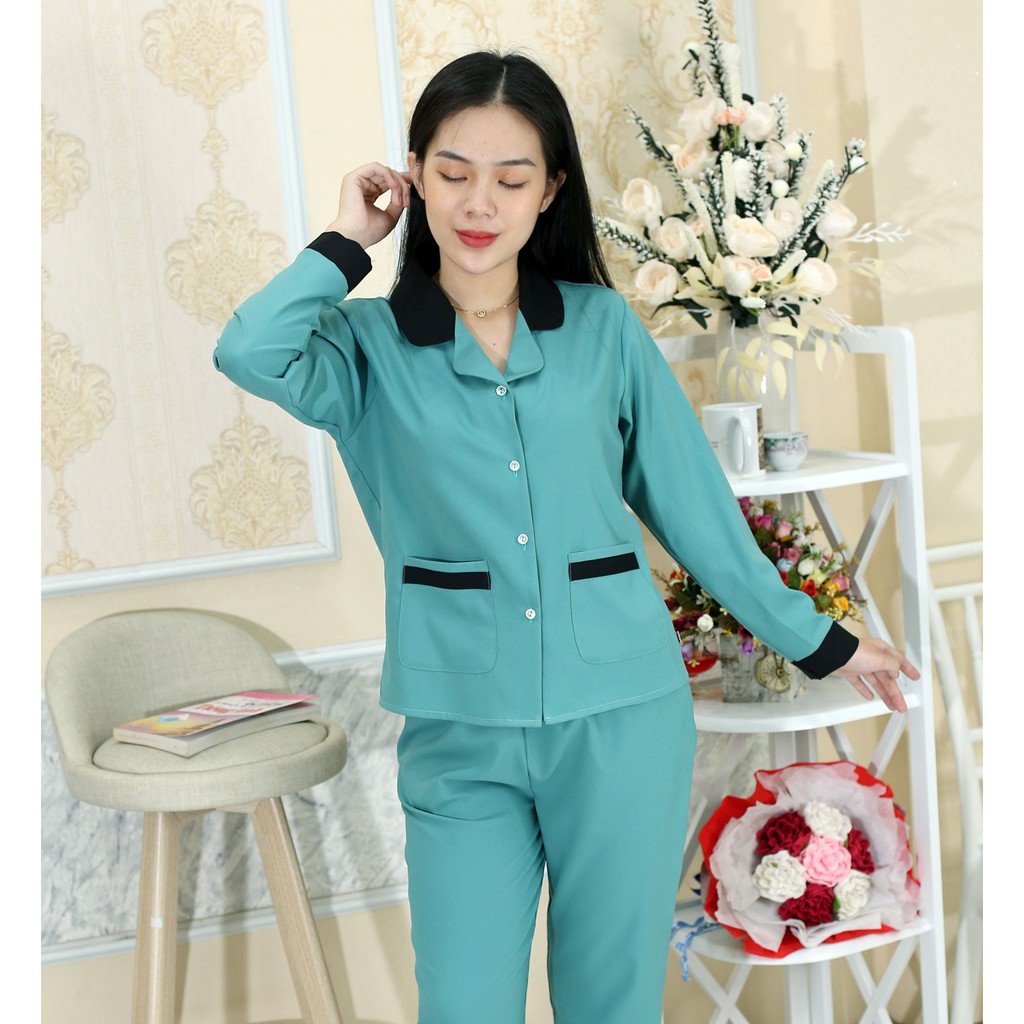 Bộ quần áo Pijama nữ XANH NGỌC ĐẬM VIỀN ĐEN Dài Tay Quần Dài vải phi lụa mờ - Quý Phái Thanh Lịch - Mặc là thích ngay !