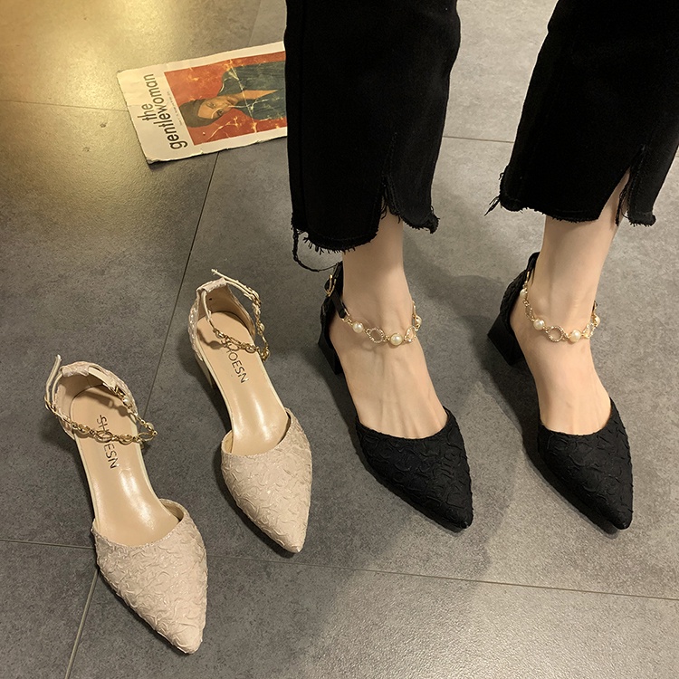 A Word Buckle With Women's Shoes 2021 New Summer Wild Korean Version Of The Pearl Pointed Shallow Mouth Temperament Blac