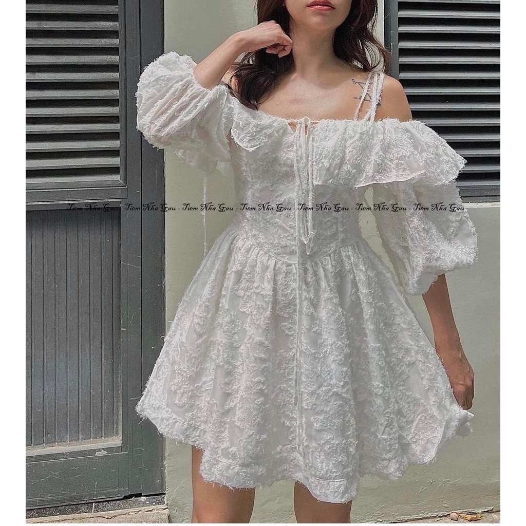 Đầm 2s trắng rớt vai bèo tay phồng (Kèm Ảnh Thật)