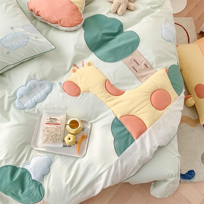 Set Chăn Ga Cotton Linen IGUN BEDDING Hoạt Hình Cao Cấp Tặng Kèm Gối Bông