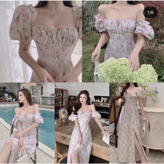 Order Đầm midi hoa nhí cổ vuông tay bồng siêu xinh
