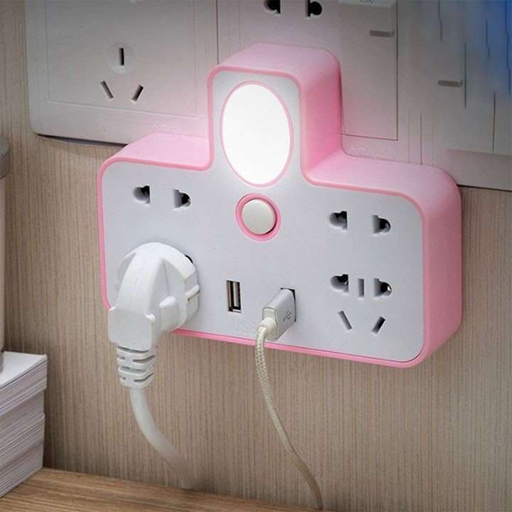 Ổ Điện Phát Sáng Chữ T 4 💖FREESHIP💖 Ổ 2 USB - Cắm 3 Chấu Đa Năng Tiện Dụng