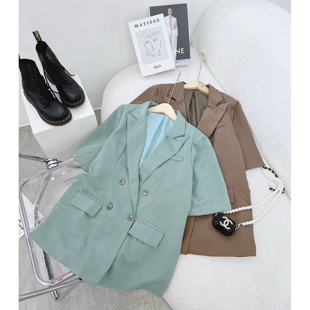 [FREESHIP] Áo khoác Blazer Vest trơn tay ngắn túi nắp màu Xanh mint Nâu NÀNG CLOSET