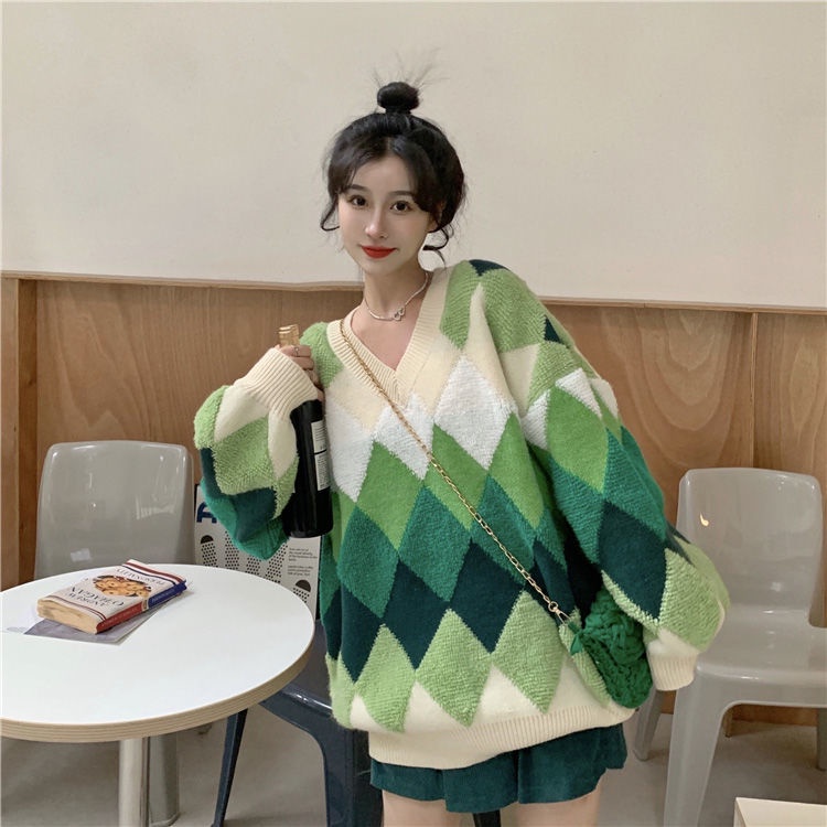 Áo Len Tay Dài Cổ Chữ v Form Rộng Họa Tiết Hình Thoi Phong Cách Hàn Quốc Dễ Phối Đồ