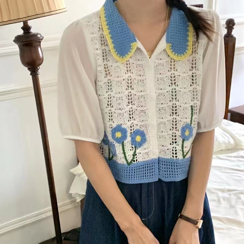 Áo Croptop Đan Móc Tay Phồng Thời Trang Cho Nữ