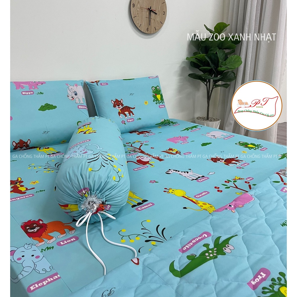 Bộ ga chống thấm cotton cho bé, drap chống thấm nước cao cấp kèm vỏ gối đầu và vỏ gối ôm mềm mịn mát (mẫu zoo nhạt)