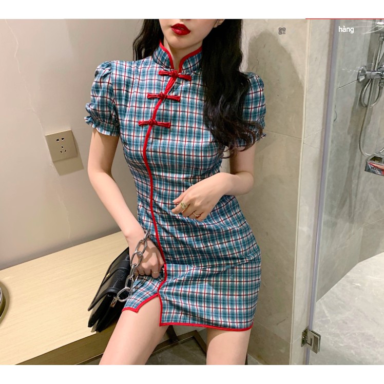 Sườn xám cách tân caro mới