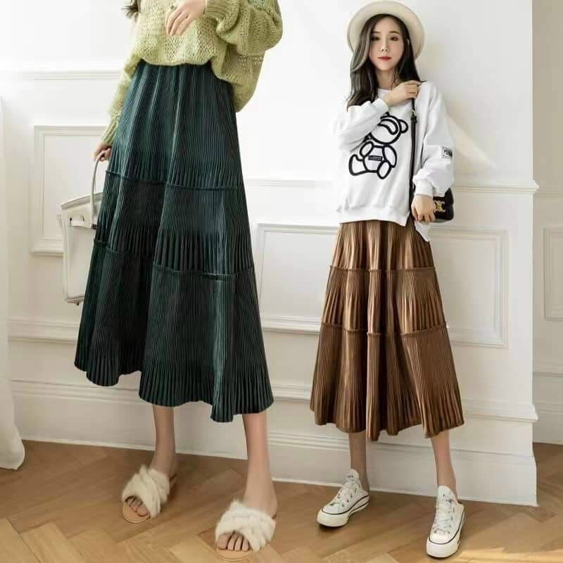 Chân váy nhung xoè xếp ly hàng QC