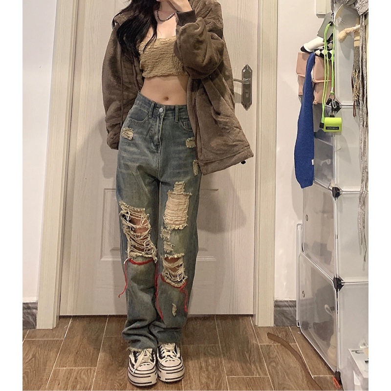 Quần jeans Nữ Dài Lưng Cao Mài Rách Thời Trang Hàn