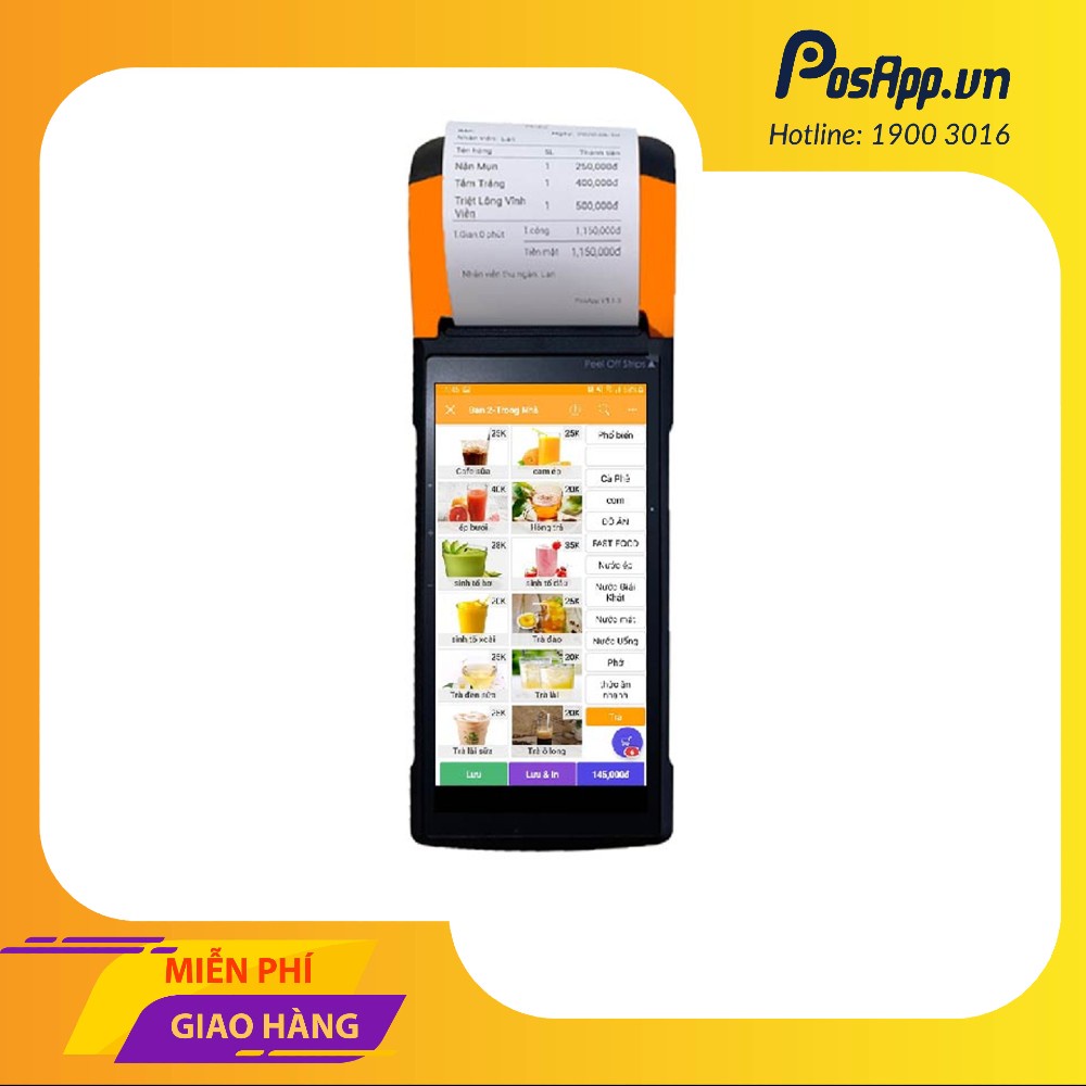 Máy POS cầm tay tích hợp máy in hóa đơn nhiệt Sunmi V2 + 3 tháng phần mềm PosApp, nhận đơn GrabFood, Baemin, shopee food