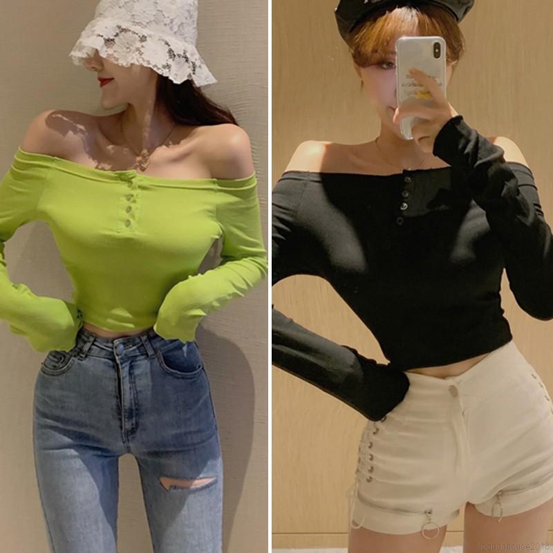 Women T-shirts Autumn Winter T-shirt Slim Slash Neck Long-sleeved Slim Off-shoulder One Neck T-shirts | BigBuy360 - bigbuy360.vn