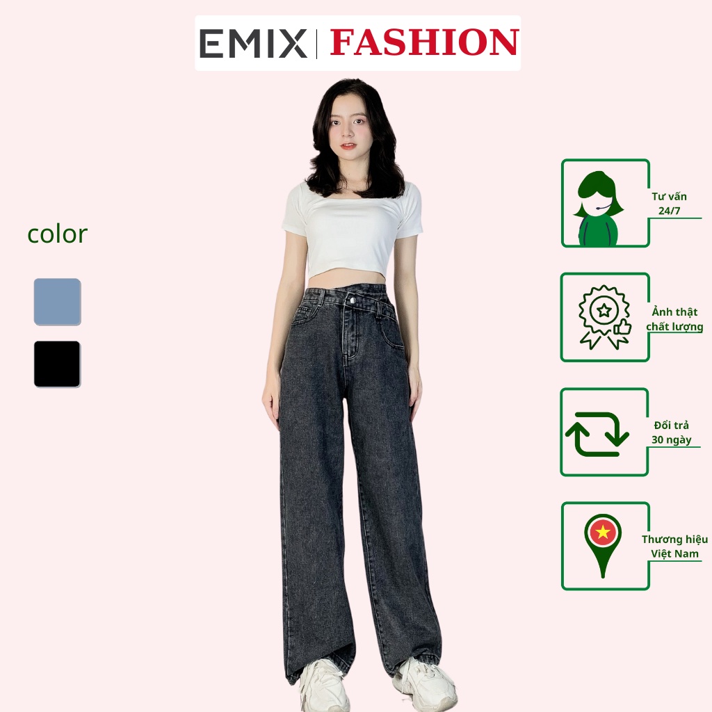 Quần jean nữ đi học EMIX (2 màu), ống suông rộng, dáng dài 95cm, cạp chéo năng động, cá tính, chất jean ít bai xù