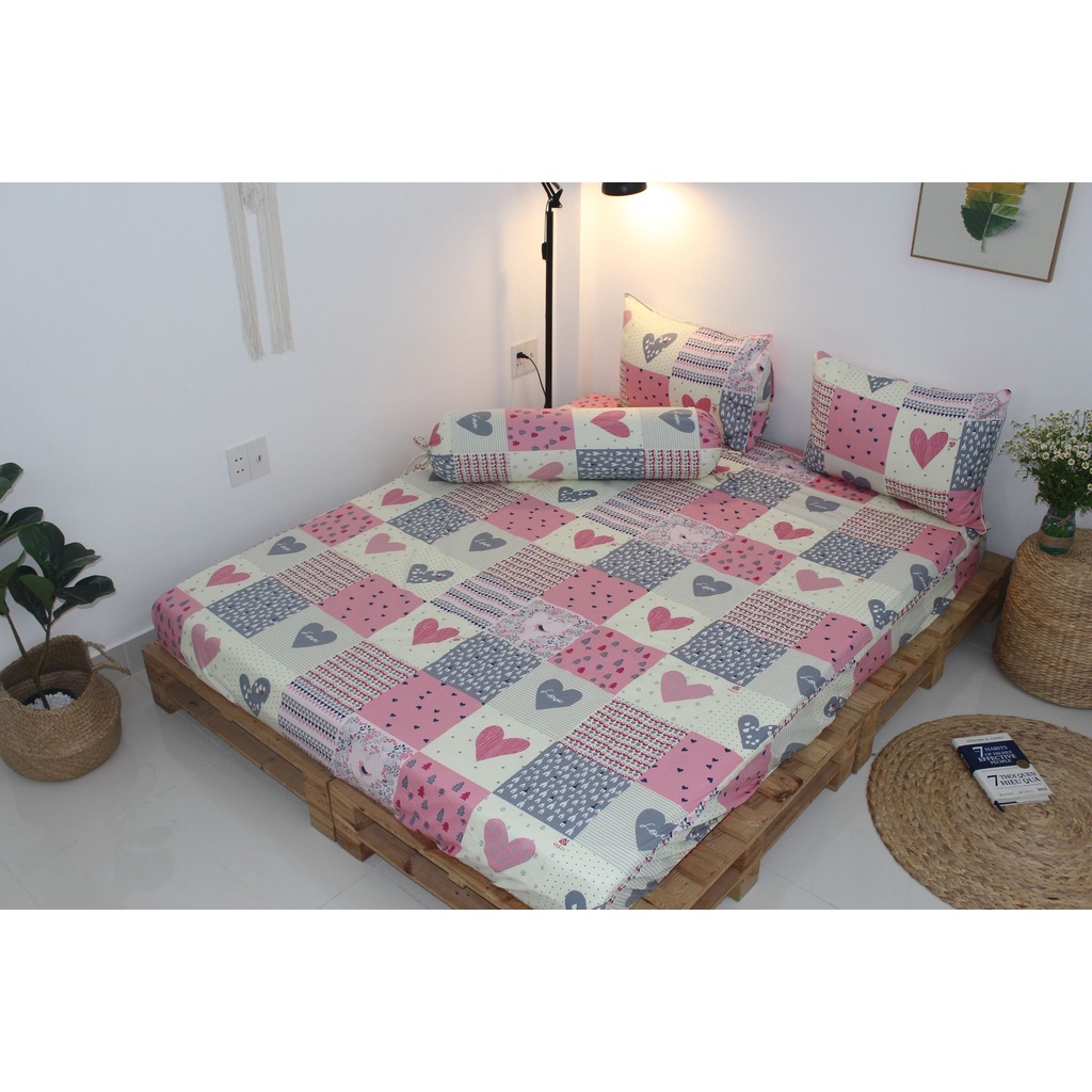 Bộ drap gối KHA LY - Mẫu Ô Tim Hồng - vải  COTTON dày dặn, mát mẻ, siêu thấm mồ hôi