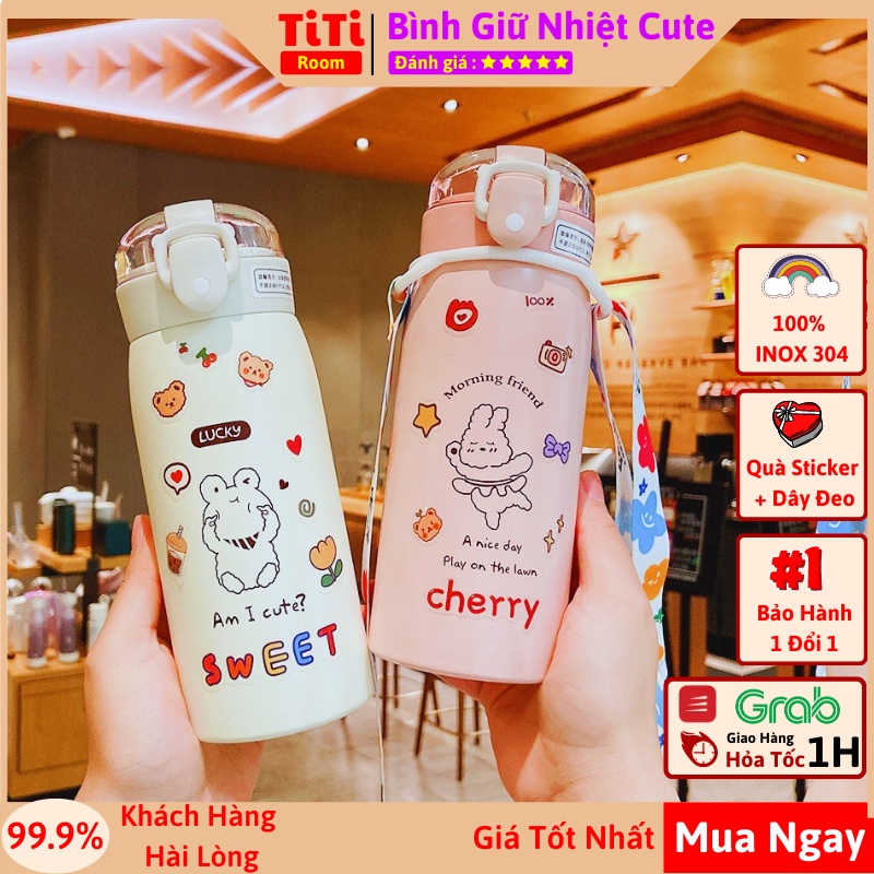 Bình giữ nhiệt đựng nước dung tích 500ml INOX 304 thép không gỉ dễ thương Ly Cốc giữ nhiệt có ống hút kèm sticker và dây
