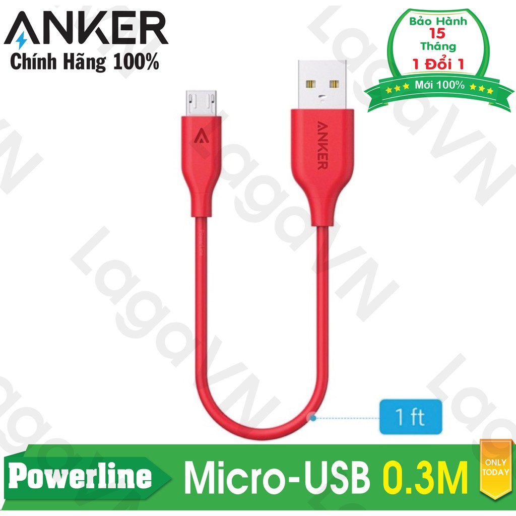 [Freeship toàn quốc từ 50k] Cáp sạc siêu bền ANKER Powerline Micro-USB 0.3m cho Android (Đỏ)