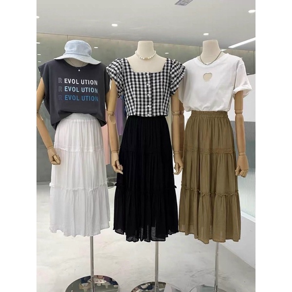 Chân váy midi dáng dài thanh lịch, ,chân váy dáng dài ulzzang xếp tầng