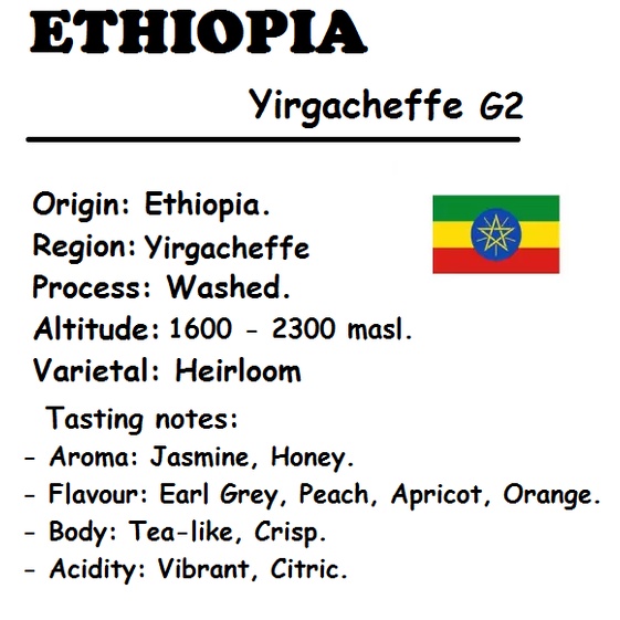 HẠT - 2 TÚI 250 GRAM CÀ PHÊ  - ETHIOPIA YIRGACHEFFE KURABIKI G2 - WASHED - RANG MỘC - ESPRESSO/COLD BREW.